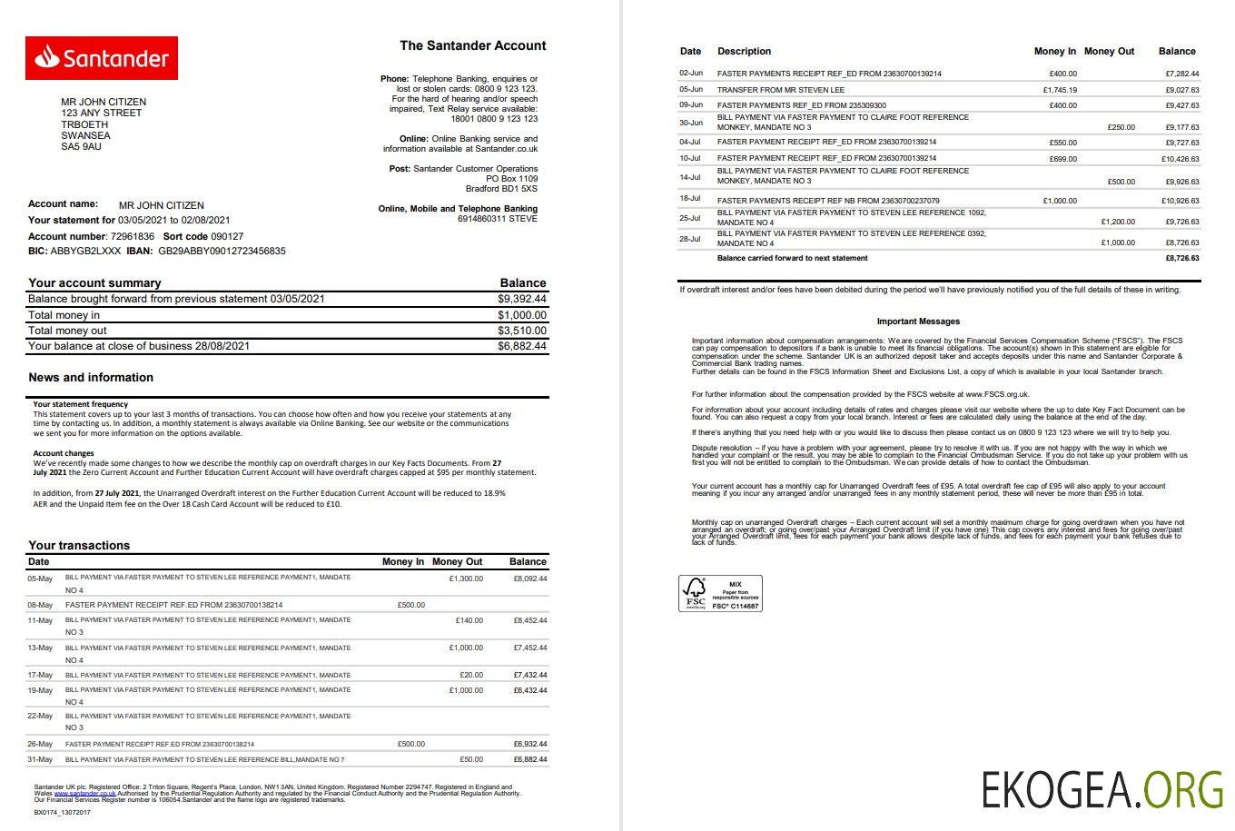 Modèle de relevé bancaire Royaume Uni Santander au format Excel et PDF (2 pages)
